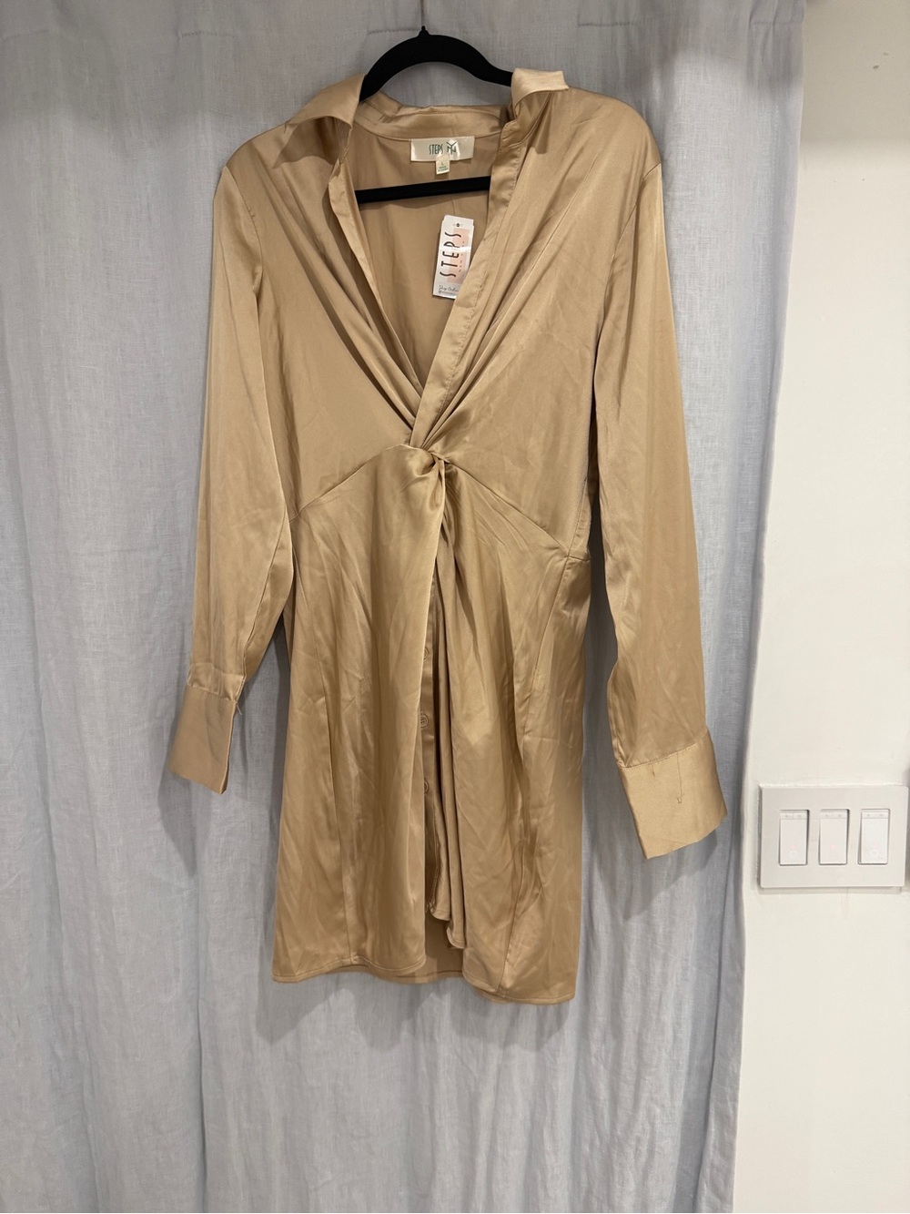 Knot Front Satin Shirt Dress - champagne color